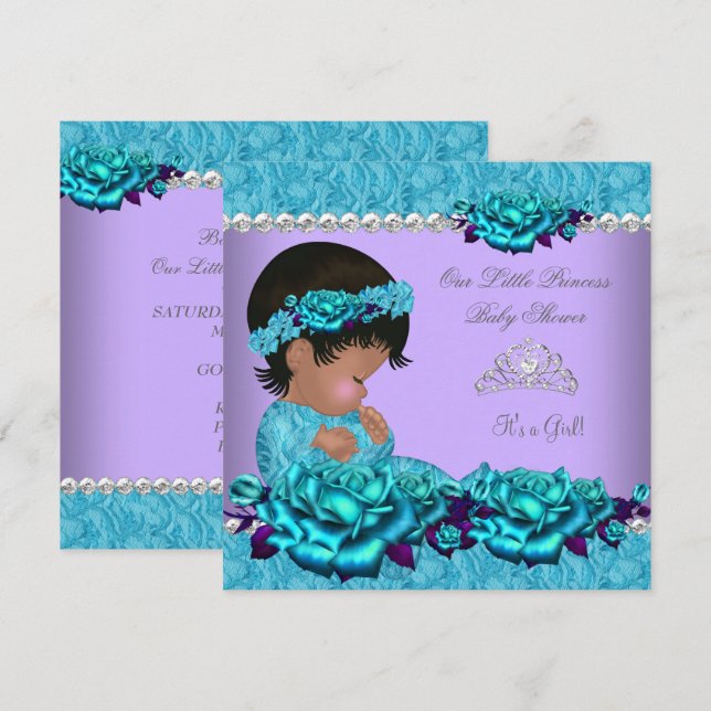 Afroamerikansk prinsessa baby shower flicka rose 4 inbjudningar (Fram/baksida)