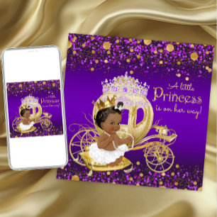 Afroamerikansk prinsessa lila guld baby shower inbjudningar
