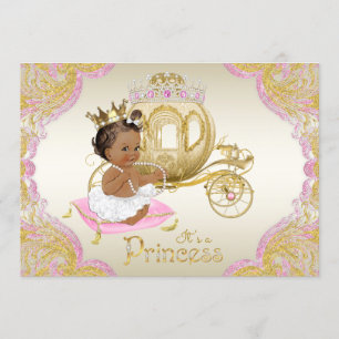 Afroamerikansk prinsessa rosa guld baby shower inbjudningar