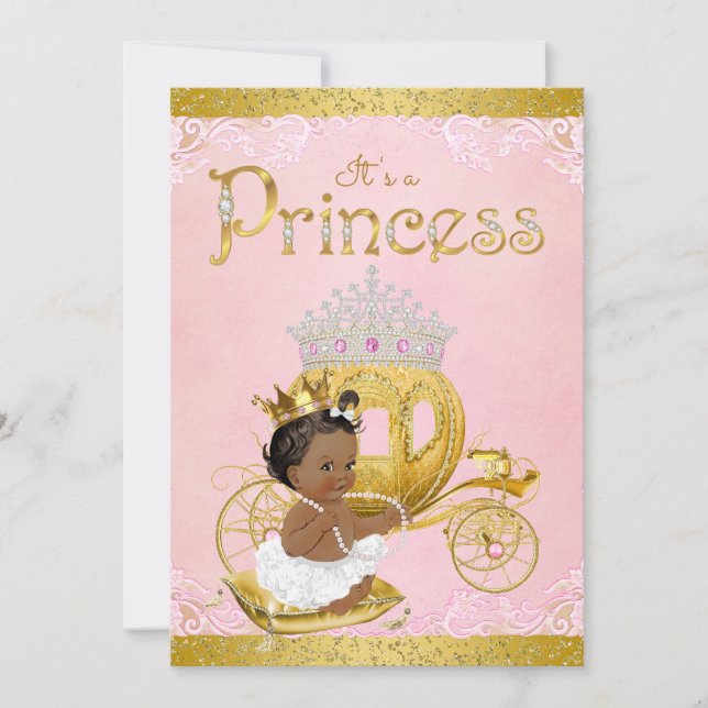 Afroamerikansk Rosa Guld Prinsessa Bebis Shower Inbjudningar (Framsida)