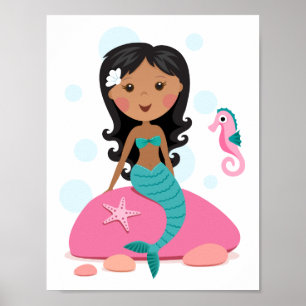 Afroamerikansk sjöjungfru flicka sjöstjärna sjöhäs poster
