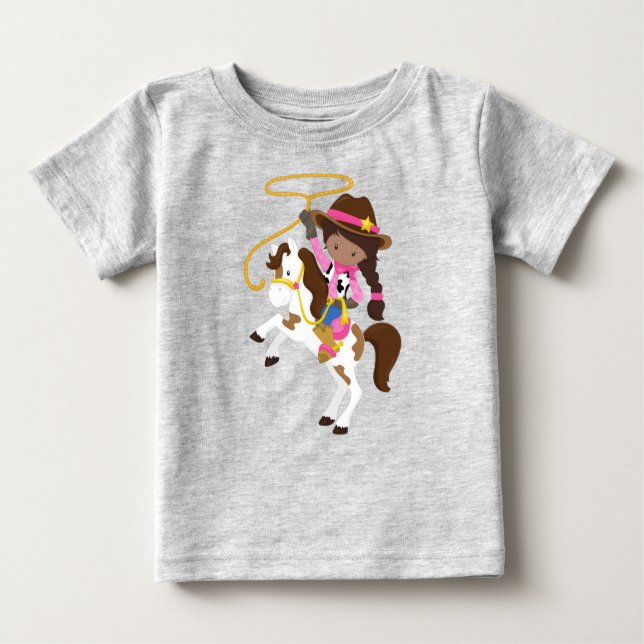 Afroamerikansk tjej, cowgirl, sheriff, lasso t shirt (Framsida)
