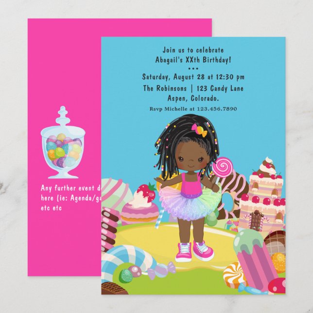 Afroamerikansk tjej födelsedagsfest för Candy Land Inbjudningar (Fram/baksida)