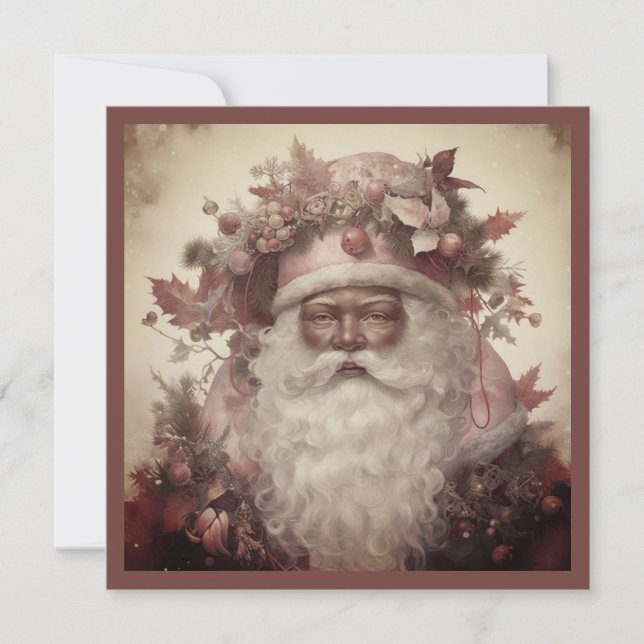 Afroamerikansk Tomte, Rokoko Röd & Blommig Hatt Julkort (Framsida)