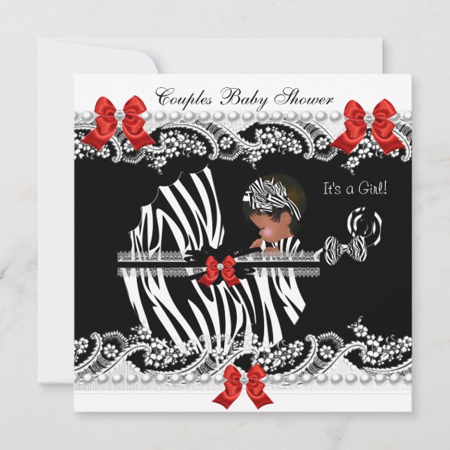 Afroamerikanska par baby shower flicka zebra inbjudningar (Framsida)