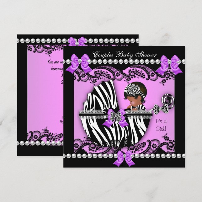 Afroamerikanska par baby shower flicka zebra inbjudningar (Fram/baksida)