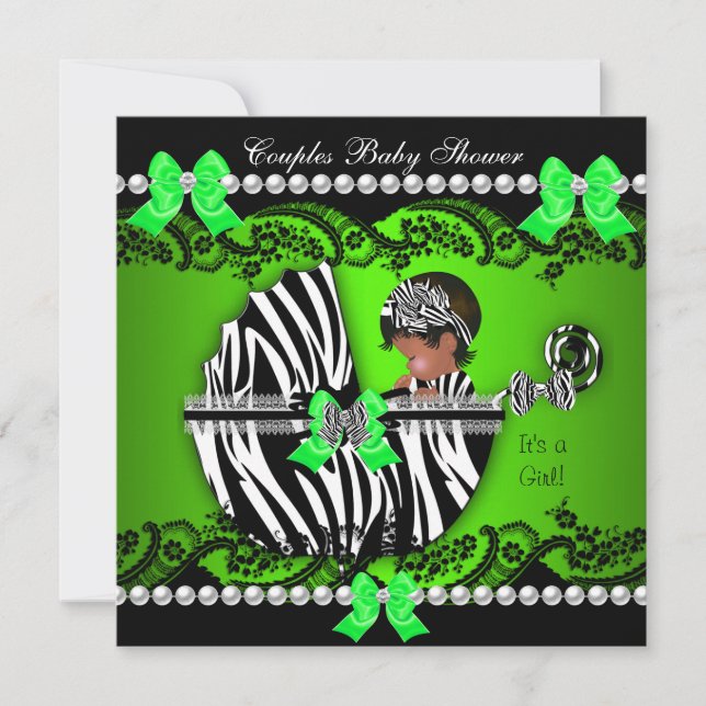 Afroamerikanska par baby shower flicka zebra inbjudningar (Framsida)