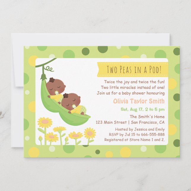 Afroamerikanska tvillingar Twin Peas Baby Shower-i Inbjudningar (Framsida)