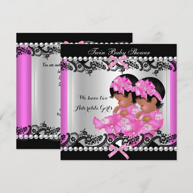 Afroamerikanska tvillingflickor Baby Shower Hot Pi Inbjudningar (Fram/baksida)