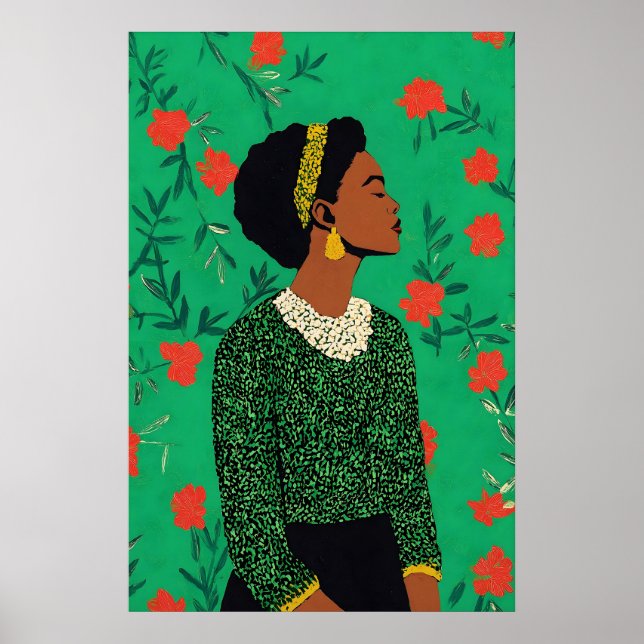 Afrocentrisk kvinna konsttryck grön blomster Giclé Poster (Framsidan)