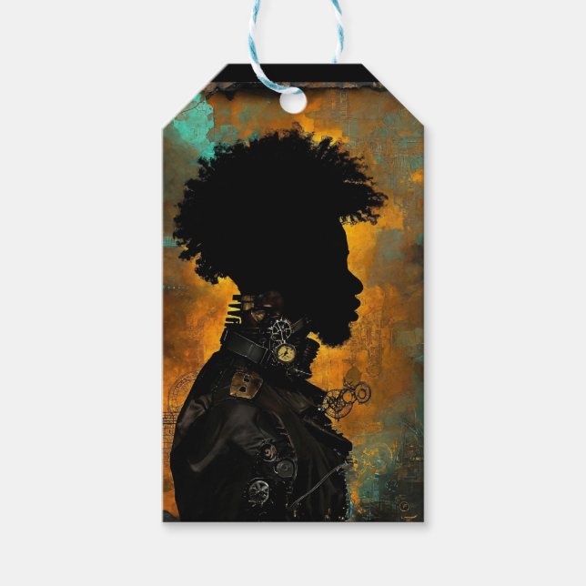 Afrofuturistic Steampunk Man in Black Presentetikett (Framsidan)