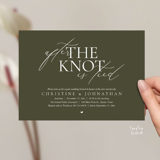 After The Knot Tied, Post Wedding Elopement Brunch Inbjudningar (After The Knot Tied, Post Wedding Elopement Brunch Invitation card contemporary clean olive green)