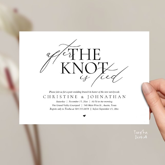 After The Knot Tied, Post Wedding Elopement Brunch Inbjudningar (After The Knot Tied, Post Wedding Elopement Brunch Invitation card contemporary clean black white)