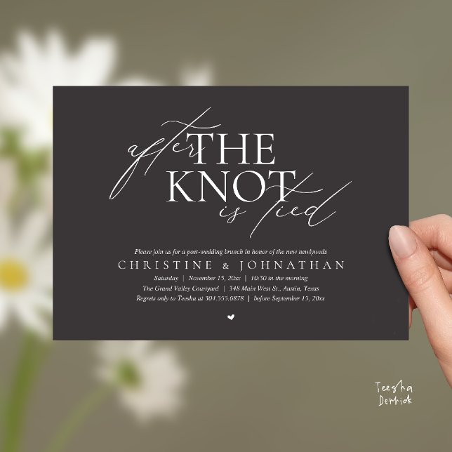 After The Knot Tied, Post Wedding Elopement Brunch Inbjudningar (After The Knot Tied, Post Wedding Elopement Brunch Invitation card contemporary clean charcoal grey)