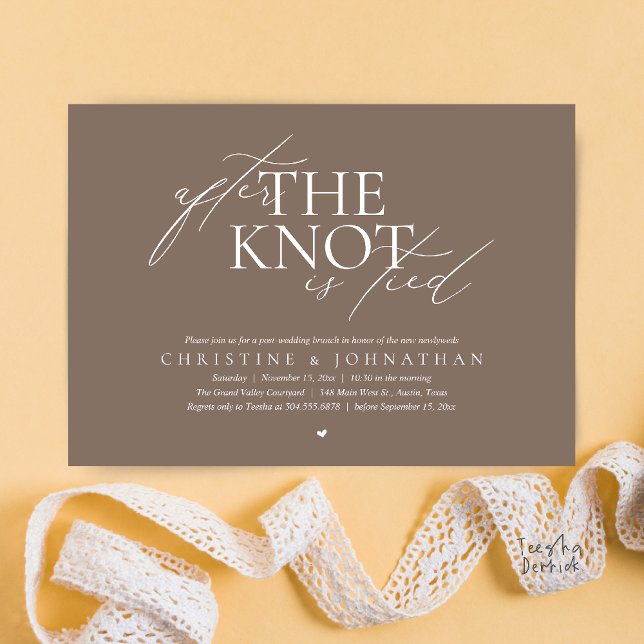 After The Knot Tied, Post Wedding Elopement Brunch Inbjudningar (After The Knot Tied, Post Wedding Elopement Brunch Invitation card contemporary clean warm taupe )