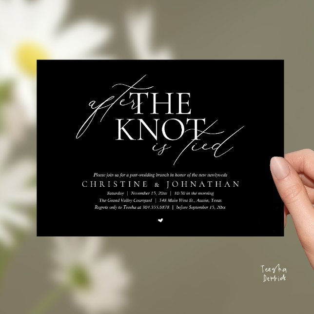 After The Knot Tied, Post Wedding Elopement Brunch Inbjudningar (After The Knot Tied, Post Wedding Elopement Brunch Invitation card contemporary clean black white)