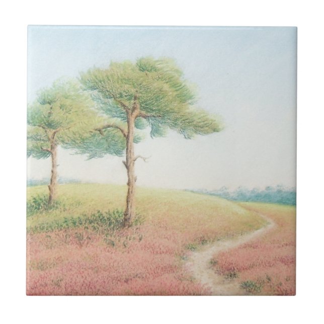 Aftonsolen, nya keramiska skoggrästräd belägger kakelplatta (Framsidan)