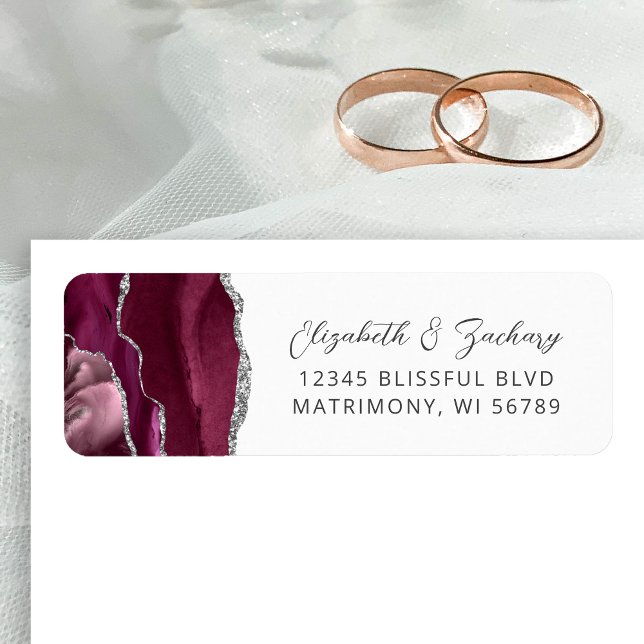 Agat Burgundy Silver Bröllopsreturadress Returadress Etikett (Skapare uppladdad)