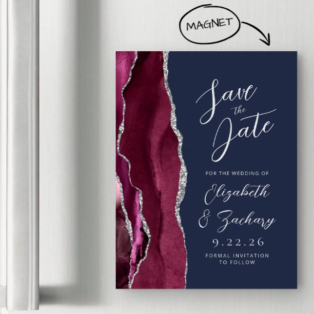 Agat Burgundy Silver Marin Bröllop Spara Datum Magnetisk Inbjudningskort (Skapare uppladdad)