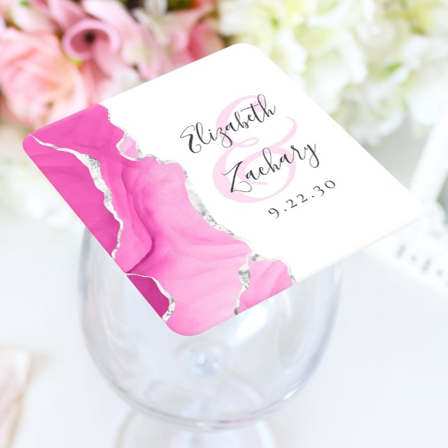 Agat Geod Skrift Rosa Silver Bröllop Underlägg Papper Kvadrat (Skapare uppladdad)