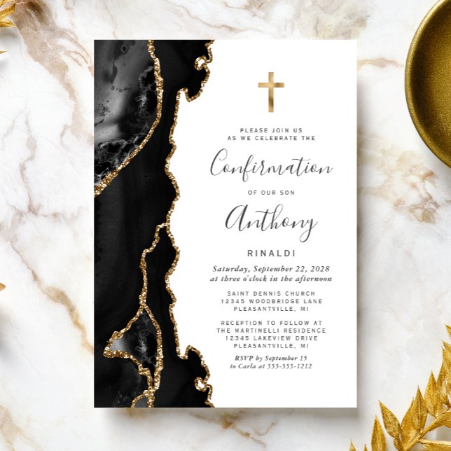 Agat Geod Svart Guld Glitter Konfirmation Inbjudningar (Skapare uppladdad)