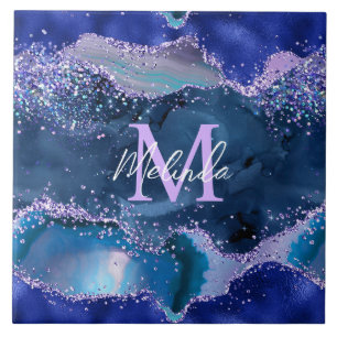 Agat i mörk blått och Lila Glitter Kakelplatta