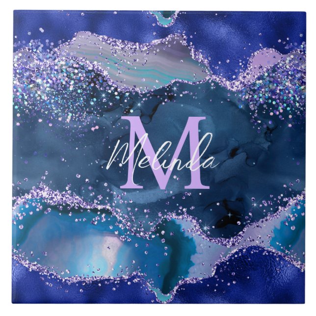 Agat i mörk blått och Lila Glitter Kakelplatta (Framsidan)