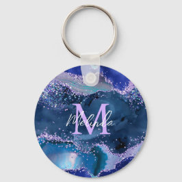 Agat i mörk blått och Lila Glitter Nyckelring