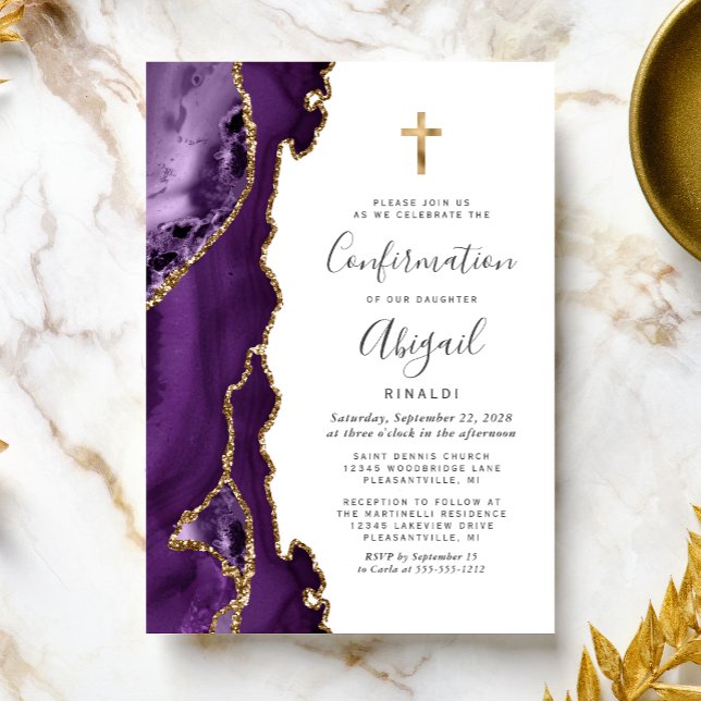 Agat Lila Guld Glitter Konfirmation Inbjudningar (Skapare uppladdad)