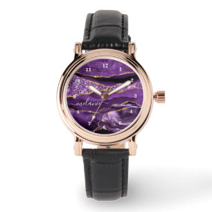 Agat Lila Violett Guld Glitter Geod Ditt Namn Armbandsur