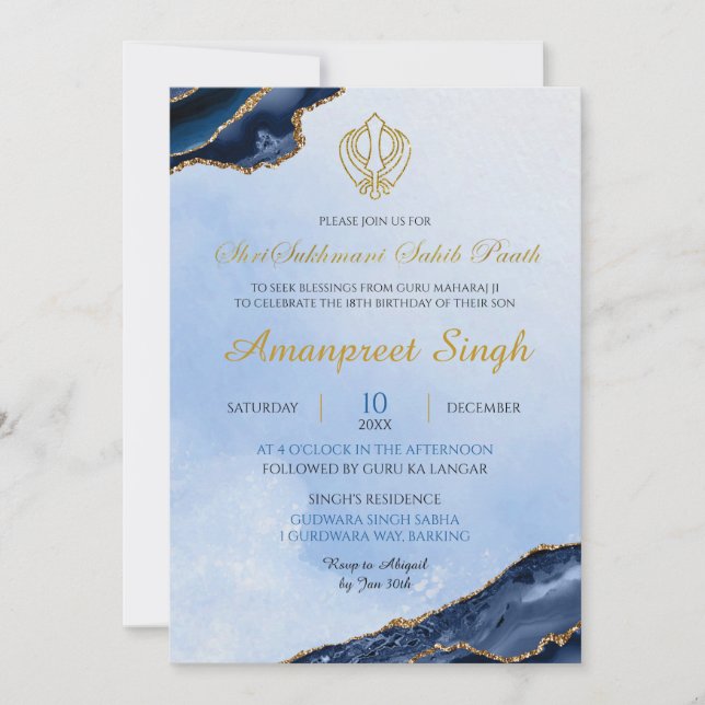 Agat Navy Sri Sukhmani Sahib Path 18-årsdag Inbjudningar (Framsida)