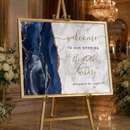 Agat Navyblå Guld Marmor Bröllop Välkommen Poster