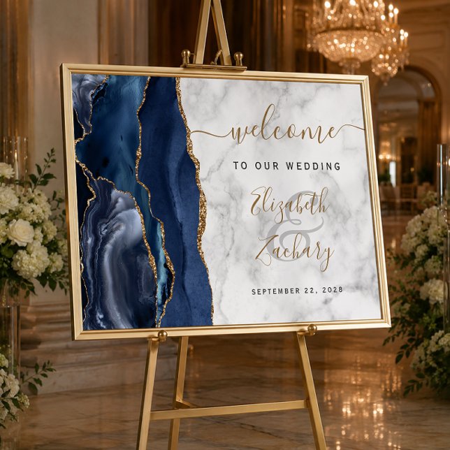 Agat Navyblå Guld Marmor Bröllop Välkommen Poster (Skapare uppladdad)