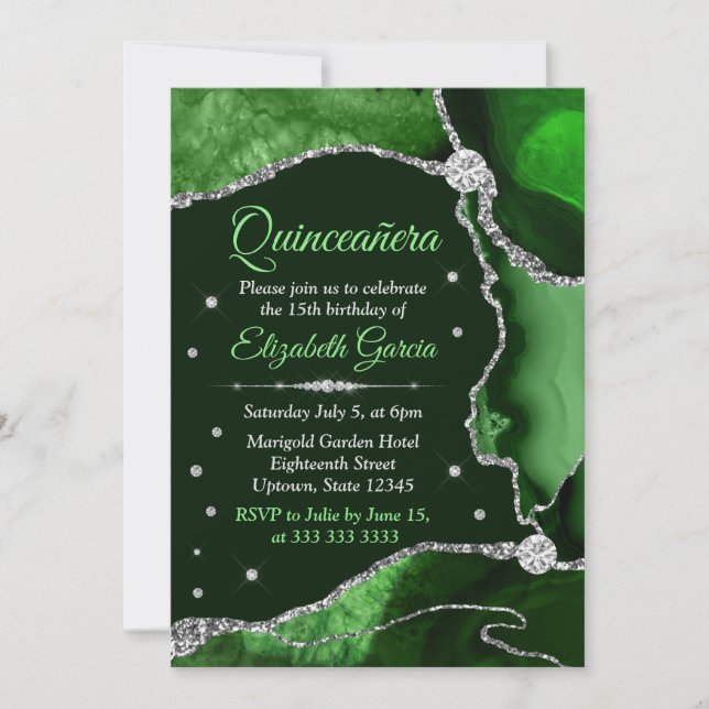 Agat Quinceanera mörk grönt och Silver Glitter Inbjudningar (Framsida)