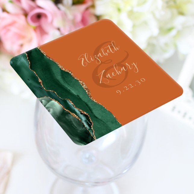Agat Smaragdgrön Guld Bränd Orange Bröllop Underlägg Papper Kvadrat (Skapare uppladdad)