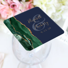 Agat Smaragdgrön Guld Script Marinblå Bröllop Underlägg Papper Kvadrat