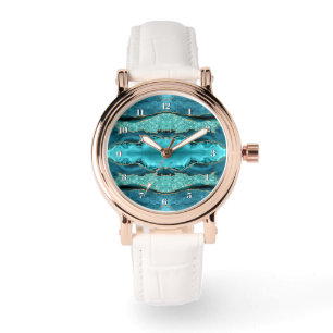 Agat Teal Blå Guld Glitter Aqua Turkos Ur Armbandsur