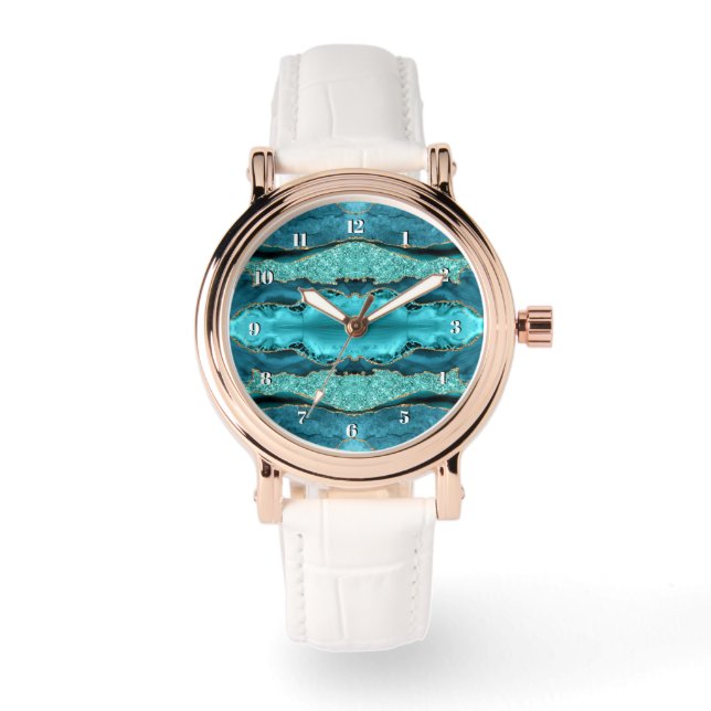 Agat Teal Blå Guld Glitter Aqua Turkos Ur Armbandsur (Framsida)