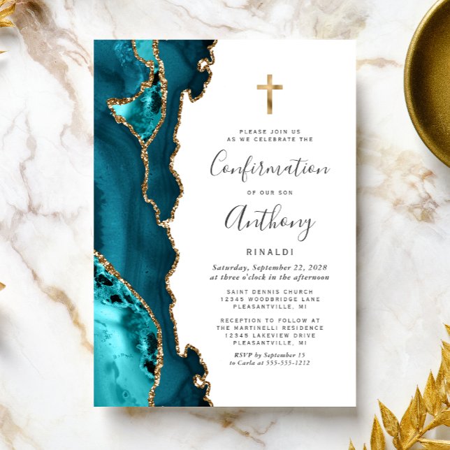 Agat Teal Blå Guld Glitter Konfirmation Inbjudningar (Skapare uppladdad)
