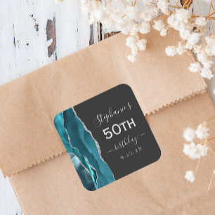 Agat Teal Blå Silver Mörk 50-årsdag Fyrkantigt Klistermärke