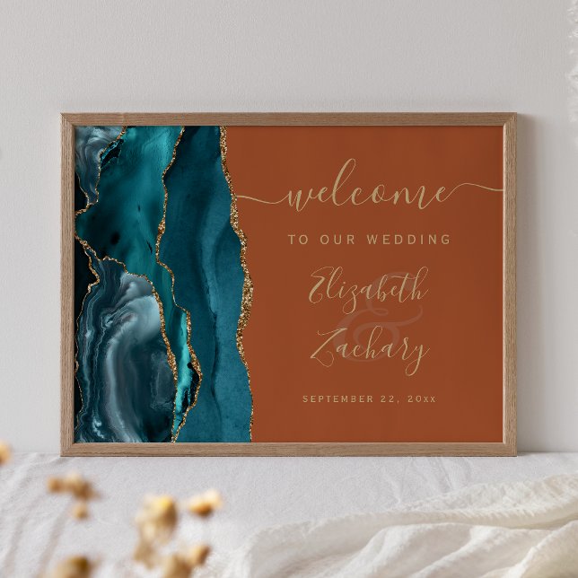 Agat Teal Guld Bränt Orange Bröllop Välkommen Poster (Skapare uppladdad)