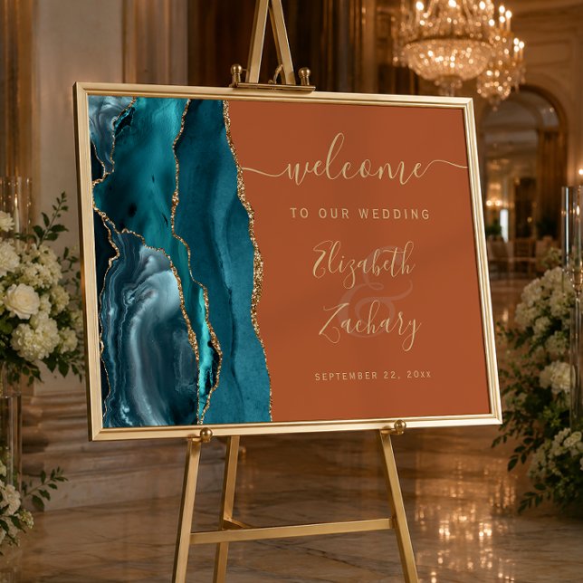 Agat Teal Guld Bränt Orange Bröllop Välkommen Poster (Skapare uppladdad)