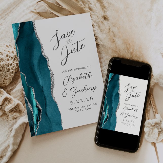 Agat Teal Silver Modern Skrift Bröllop Spara Datumet (Skapare uppladdad)