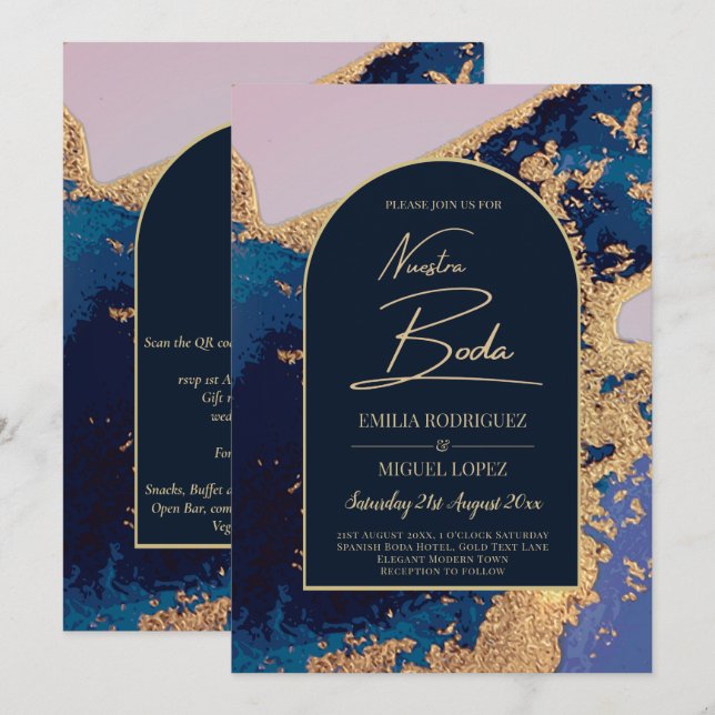Agate Blå Guld Nuestra Boda Spansk Bröllop LeahG Inbjudningar (Fram/baksida)