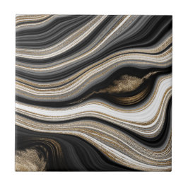 Agate Black white och guld fluid marble modern Kakelplatta