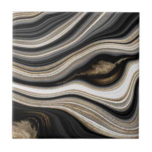 Agate Black white och guld fluid marble modern Kakelplatta