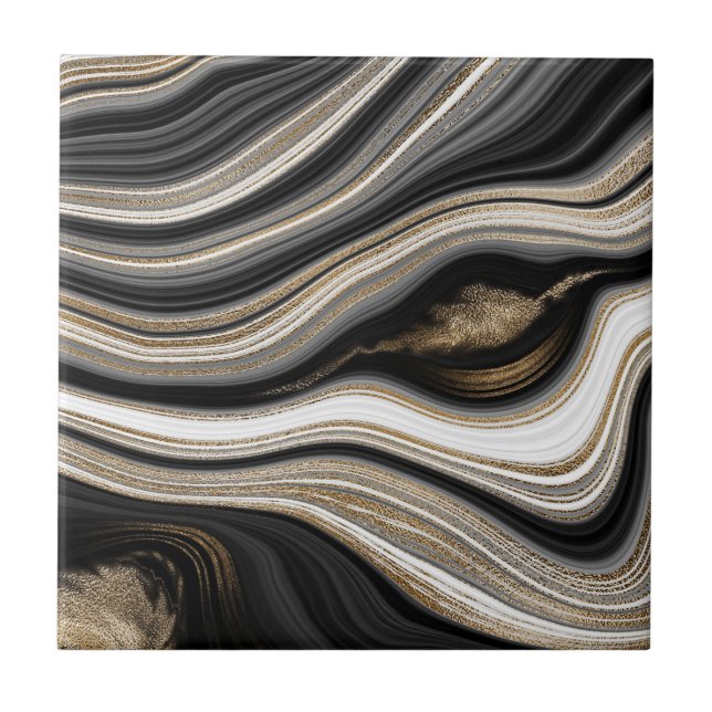 Agate Black white och guld fluid marble modern Kakelplatta (Framsidan)