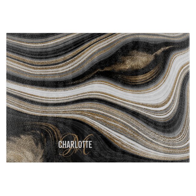 Agate Black white och guld fluid monogram namn (Framsidan)