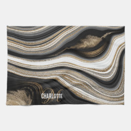 Agate Black white och guld fluid monogram namn Kökshandduk