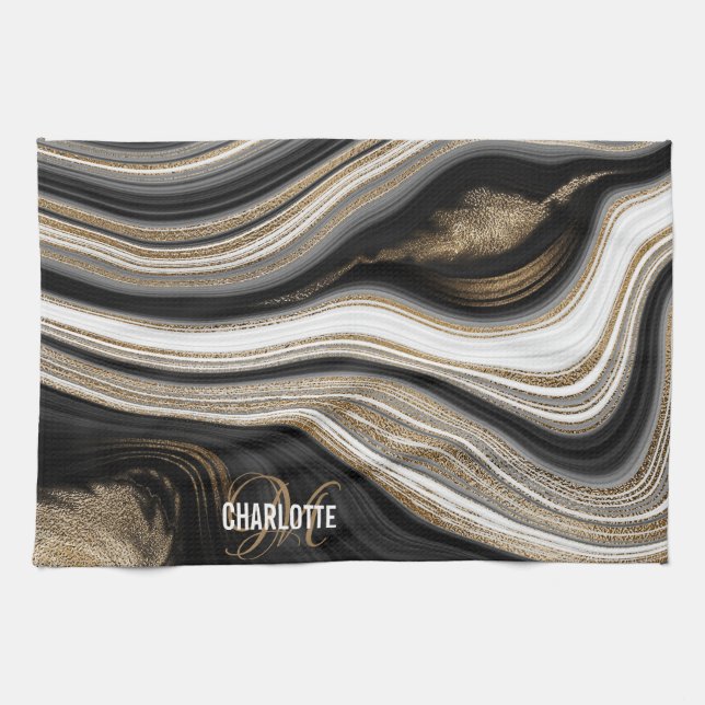 Agate Black white och guld fluid monogram namn Kökshandduk (Horisontell)
